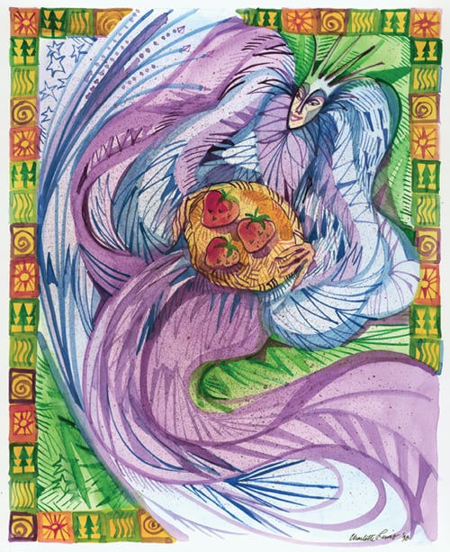 A robed figure with pale wings cradling a golden bowl of strawberries