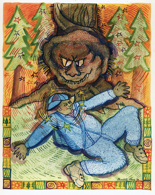A large dark horned figure looming over a smaller figure in blue