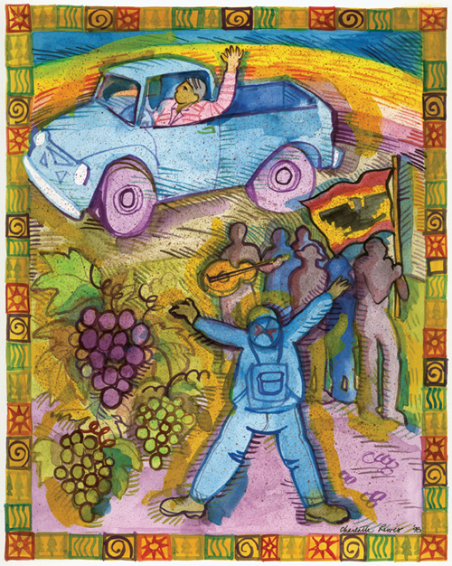 A pale blue car with figures, bunches of grapes and a rainbow