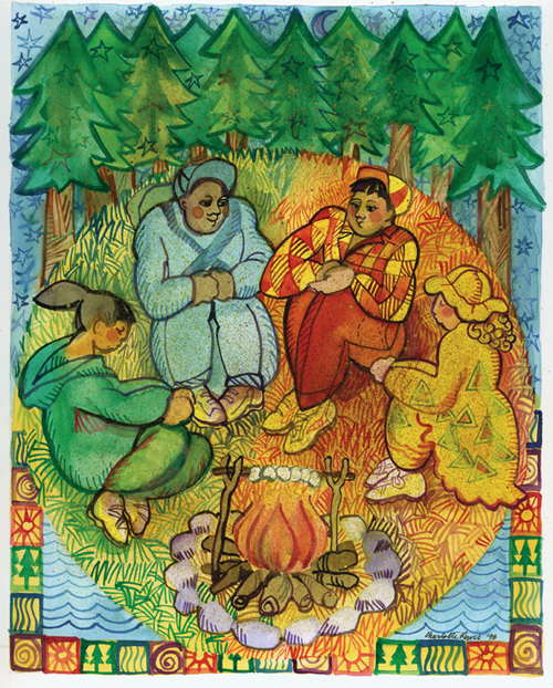 Figures gathered around a campfire among evergreens