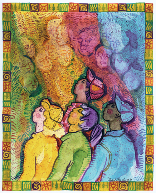 A crowd of coloured figures beneath large faces in blue and violet