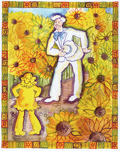 A figure in white among yellow sunflowers with a small child in yellow