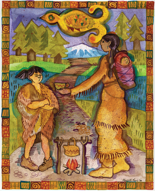 Two robed figures at a table on a path, a mountain behind them