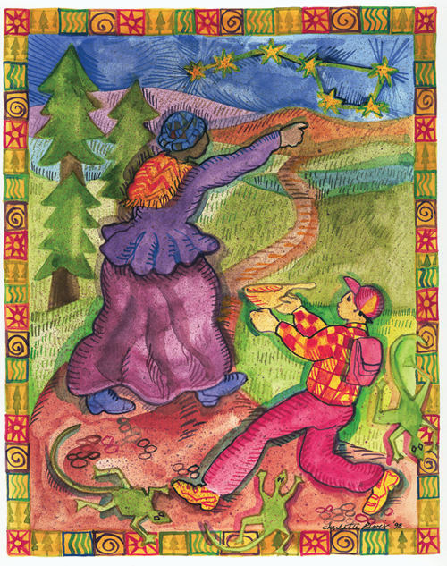 Figures on a hillside beneath a starry sky, one in a purple robe, one in red patterned dress