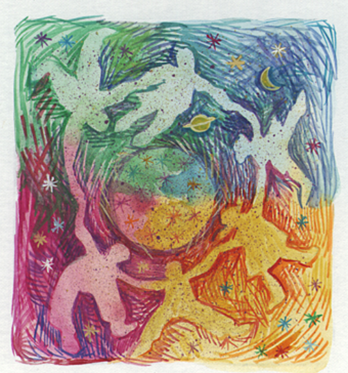 White birds over a field of pink and green