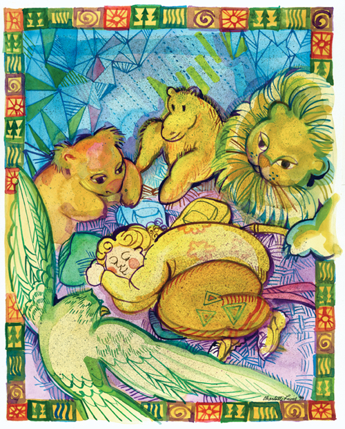 A lion, a bear and reclining figures resting among green foliage