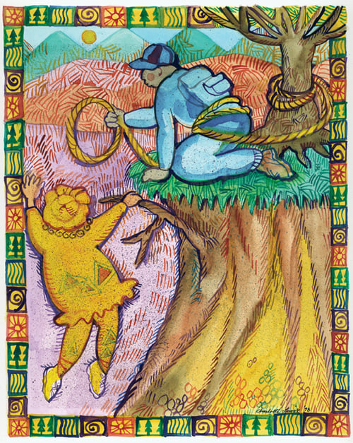 A golden lion and a figure beside the trunk of a great tree