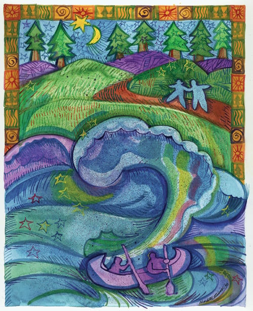 Rolling green hills at night, a large blue wave curling below small distant figures
